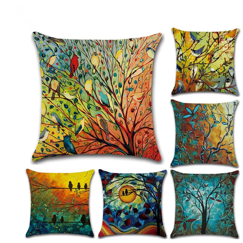 

2pcs New Oil Painting Birds Pillowcase Floral Cushion Cover Cotton Linen Office Pillow Case Home Decorative Sofa Cushion Case