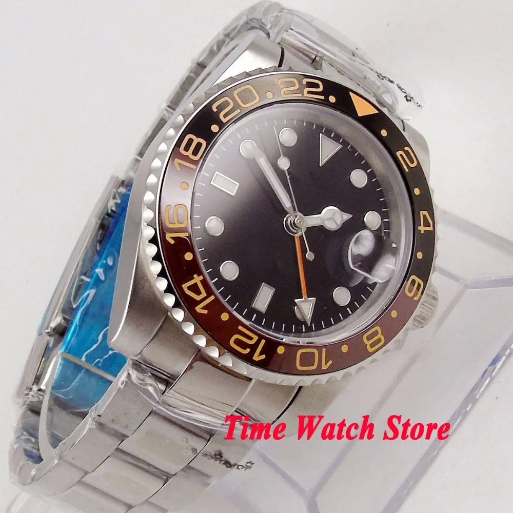 Bliger 40 мм GMT 3804 черный циферблат Автоматические наручные часы Мужские сапфировое