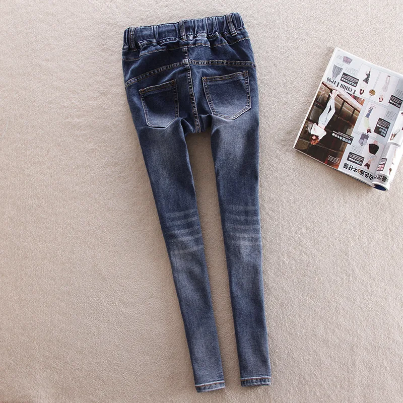 Women Diamond Drilled Jeans Female Broken Hole Feet Pencil Pants Long Drawstring With Rhinestone Harem For Woman |