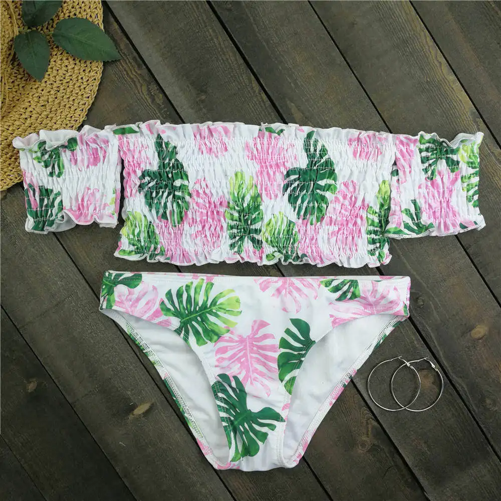 Off Shoulder Bikini Women Leaf Print Swimwear Pleated Biquini Brazilian Bikinis Push Up Swimsuit Bathing Suit Bandage Beachwear |