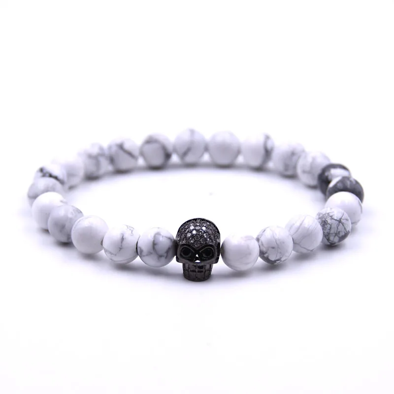 HYHONEY микро Pave циркония CZ Череп 8 мм Лава камень эластичные браслеты для wo мужчин Strand браслет мужские ювелирные изделия подарок дропшиппинг