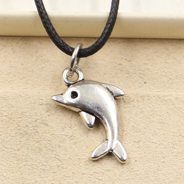 

New Fashion Tibetan Silver Color Lovely Dolphin Pendant Necklace Choker Charm Black Leather Cord Factory Price Handmade Jewelry