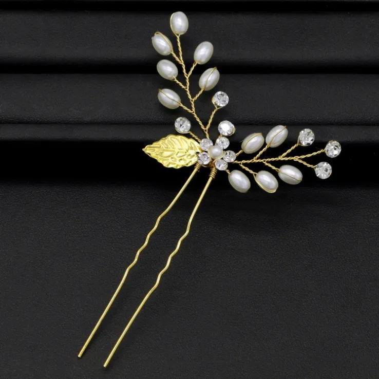 Свадебные заколки для волос с хрустальными жемчужинами и листьями золотые