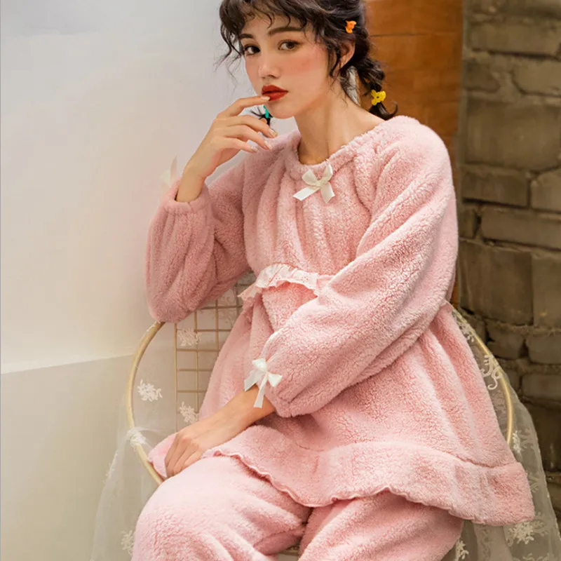Winter new month clothes thick warm flannel pregnant women home service breastfeeding pajamas solid color casual suit | Мать и ребенок