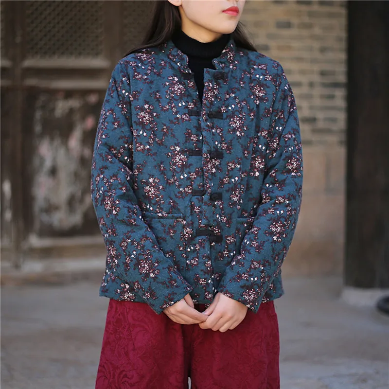 Новинка 2019 года. Винтажные парки с цветочным принтом в китайском стиле. Теплые