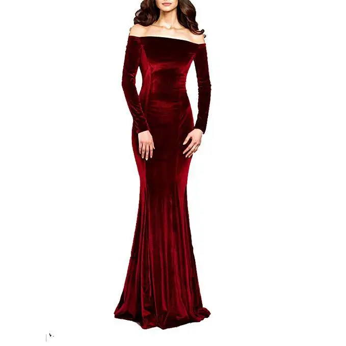 

2019 New Fashion Elegant Evening Dress Off the Shoulder Full Sleeve Boat Neck Mermaid Prom Party Dresses Robe De Soiree