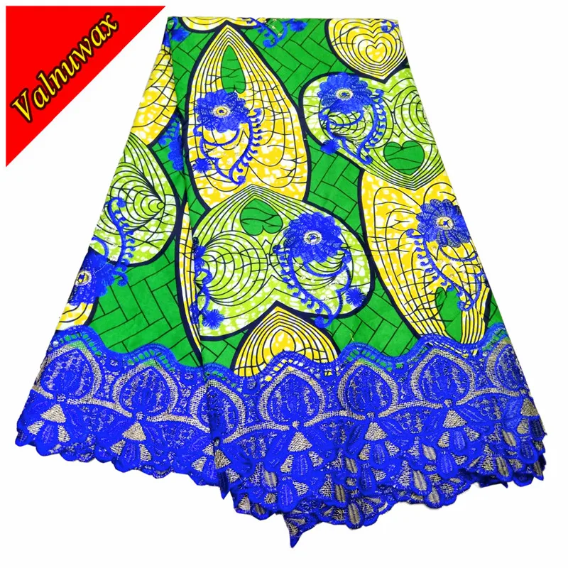 2018 New Design Embroidery green&ampblue Ankara African wax polyester print Lace Fabric With 6 Yards For Sewing / QD2309# | Дом и сад