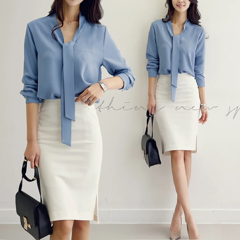 Весенняя женская одежда с длинным рукавом новая галстуком-бабочкой Blusas