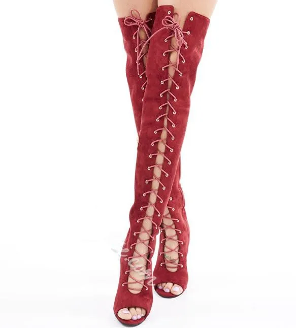 Red lace up thigh high boots spring autumn peep toe stiletto heels cross-tied over the knee woman gladiator sandal | Обувь