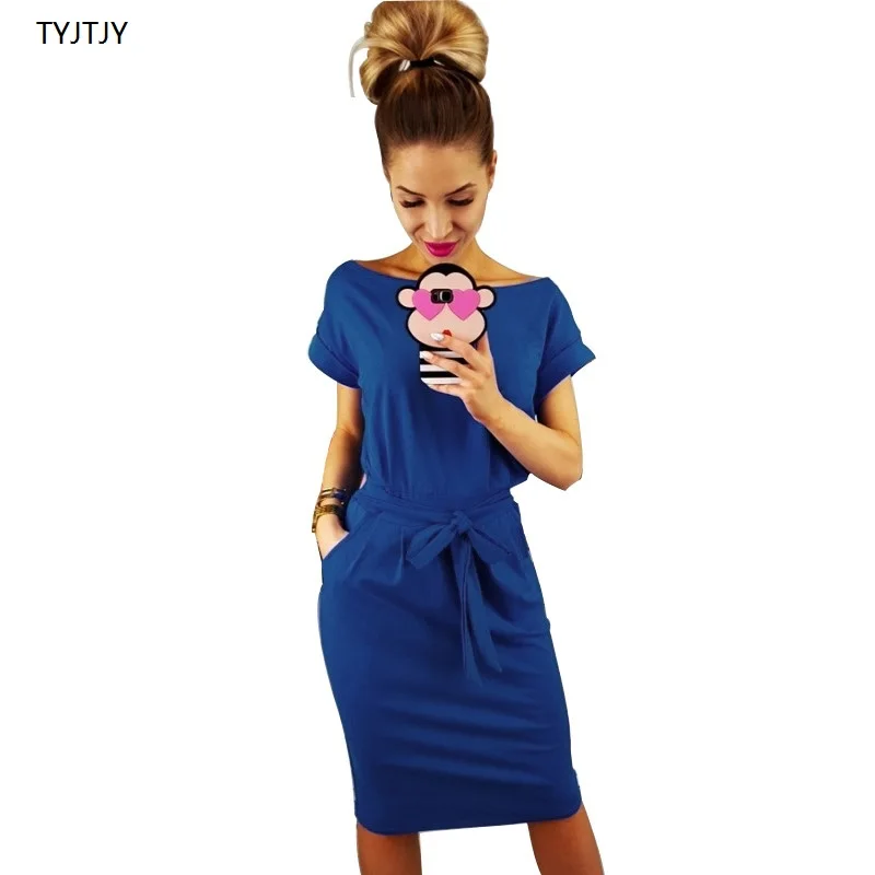 Женское повседневное прямое платье средней длины с короткими рукавами и круглым