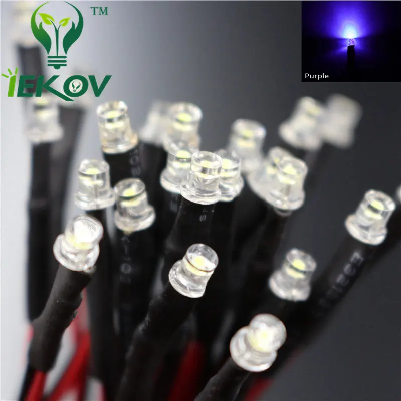 100 шт. LED 3 мм диод УФ Предварительно проводной резистор 9-12 в плоский верх широкий