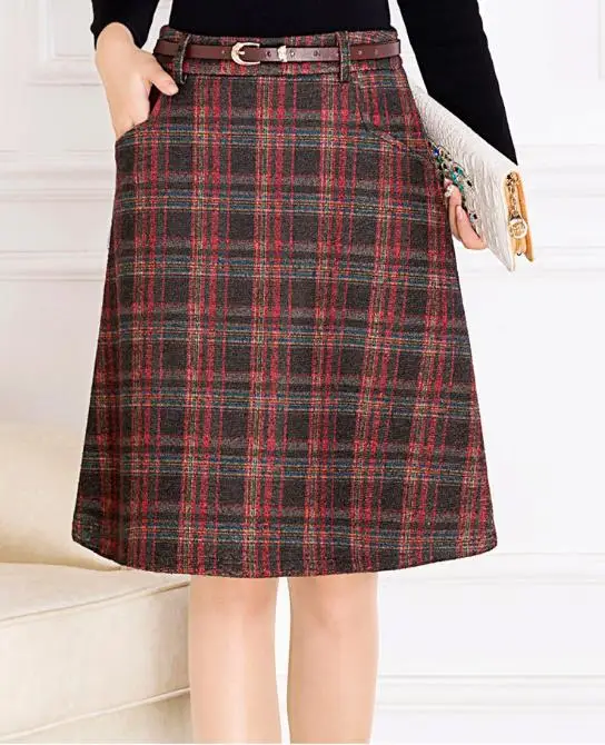 Юбки женские весна осень шерстяная Повседневная узкая юбка трапециевидной формы в клетку длиной до колена Юбки с высокой талией размера плюс 4XL