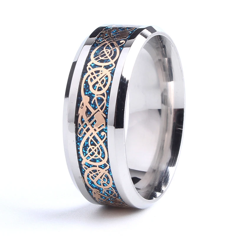 free shipping 8mm silver color blue carbon fiber dragon 316L Stainless Steel rings for men women wholesale | Украшения и