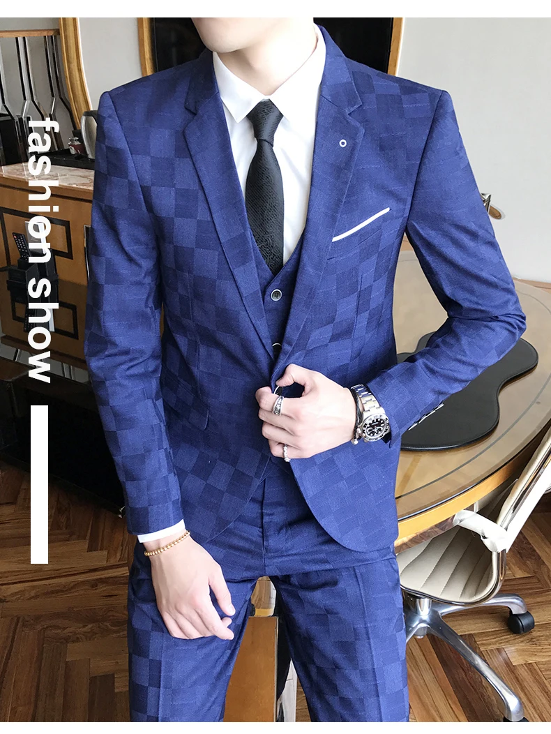 Мужские клетчатые костюмы с узором, костюм из 3 предметов, Homme Mariage, синий, 3 цвета, мужской облегающий костюм, деловые мужские костюмы