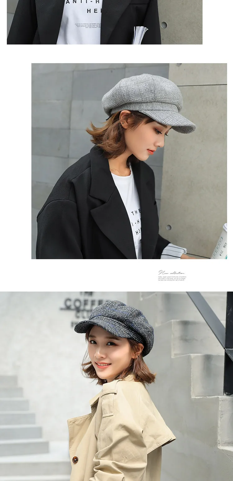 New Fashion Autumn Winter Beret hat Women Ladies Octagonal Newsboy Cap Female Vintage Plaid Artist Painter Beret Hat