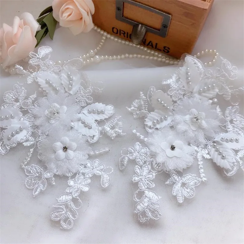 1 Pair Off-white Elegant 3D Flower Embroiderey Pearl Beaded Lace Applique Trim Dress Fabrics Material | Дом и сад