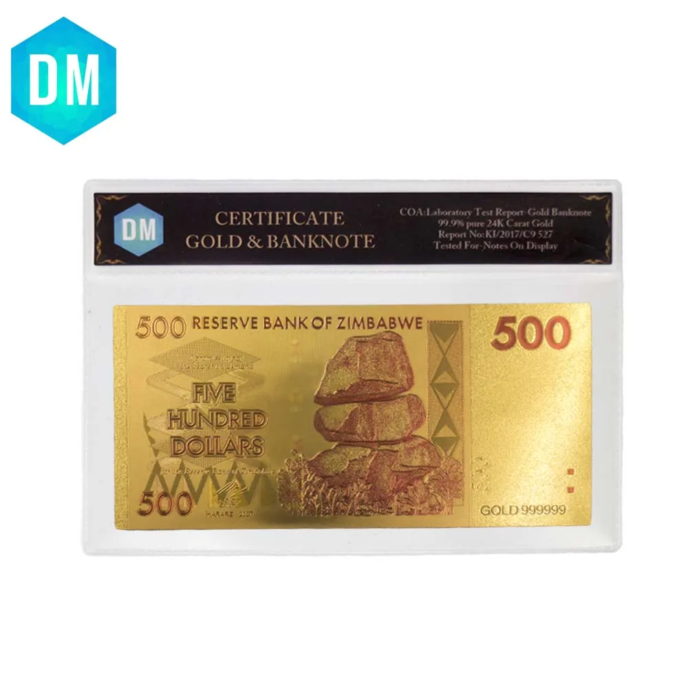 

500 Dollar 24k Gold Banknote Festival Souvenir Gifts 999.9 Gold Foil Paper Money Zimbabwe Gold Banknote with COA Frame