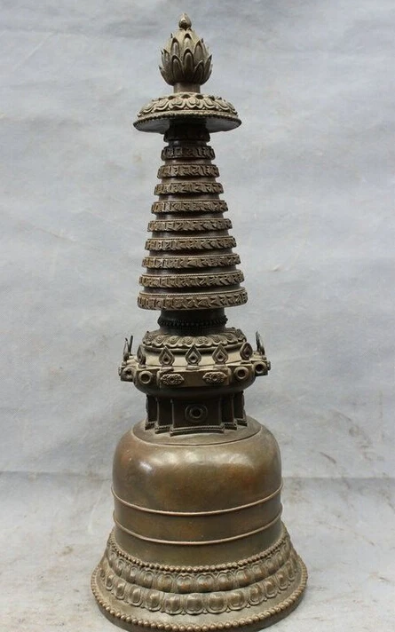 19 &quotТибет Изысканный Чистая Бронза Медь Лотоса Статуя Буддизм Пагода Ступа