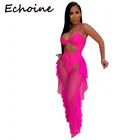 Сексуальный комплект из 2 предметов ecoine, прозрачные сетчатые купальные костюмы, однотонное боди с вырезами + длинные брюки, женская пляжная одежда с вырезами 2XL