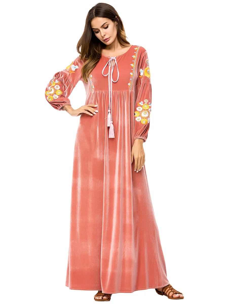 Мусульманские женщины с длинным рукавом бархат вышивка Дубай платье макси абайя