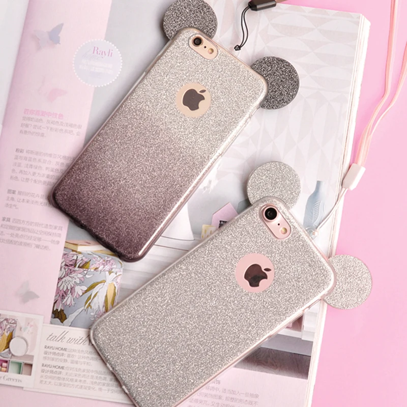 Силиконовый чехол с блестками градиентного цвета объемными ушками Минни Микки