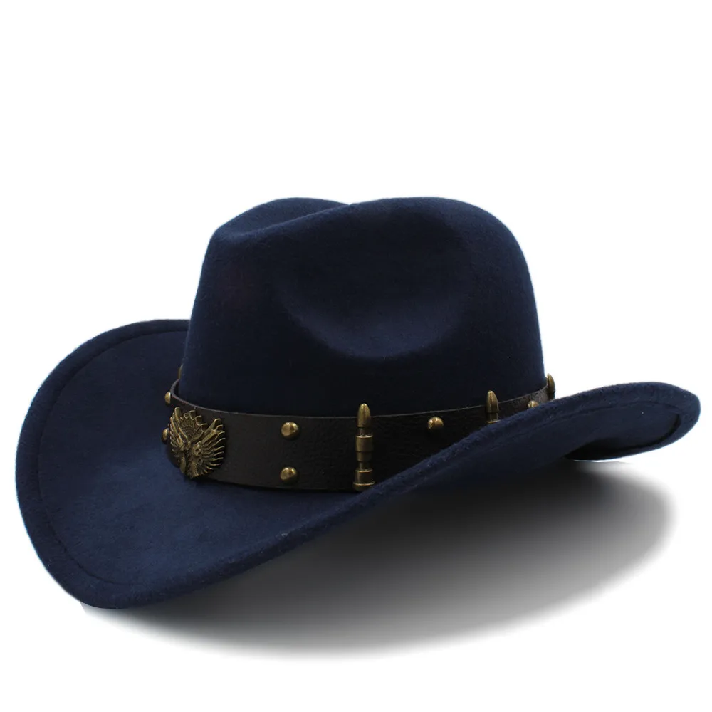 Dark Blue Модная женская черная шерстяная шляпа, ковбойская шляпа в западном стиле, джаз, сомбреро, Hombre Кепка, элегантные женские ковбойские шляпы для женщин, размер 56-58 см - Цвет: Dark Blue
