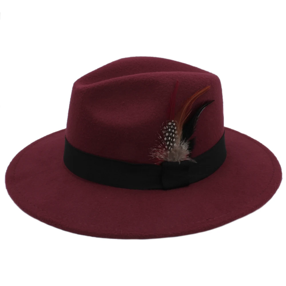 Детская шляпа в стиле ретро из чистой шерсти Fedora Derby, Трилби, черная лента, перья фазана, лента, котелок, гангстер, Кепка(54 см, регулируемый канат