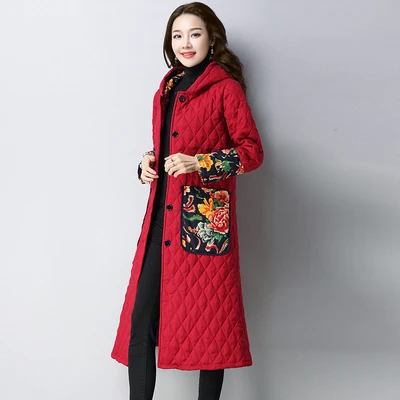 red y33 Осенне-зимняя женская новинка, Национальный стиль, большой размер, однобортная стеганая теплая хлопковая одежда, пальто с капюшоном для женщин y33 - Цвет: red y33