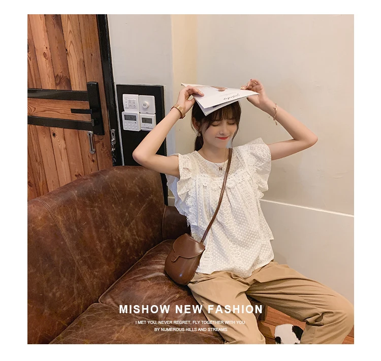 MISHOW Summer Chiffon Blouse Women Sweety Female blouse round neck Ruffles sleeve white shirt Tops MX19B4941