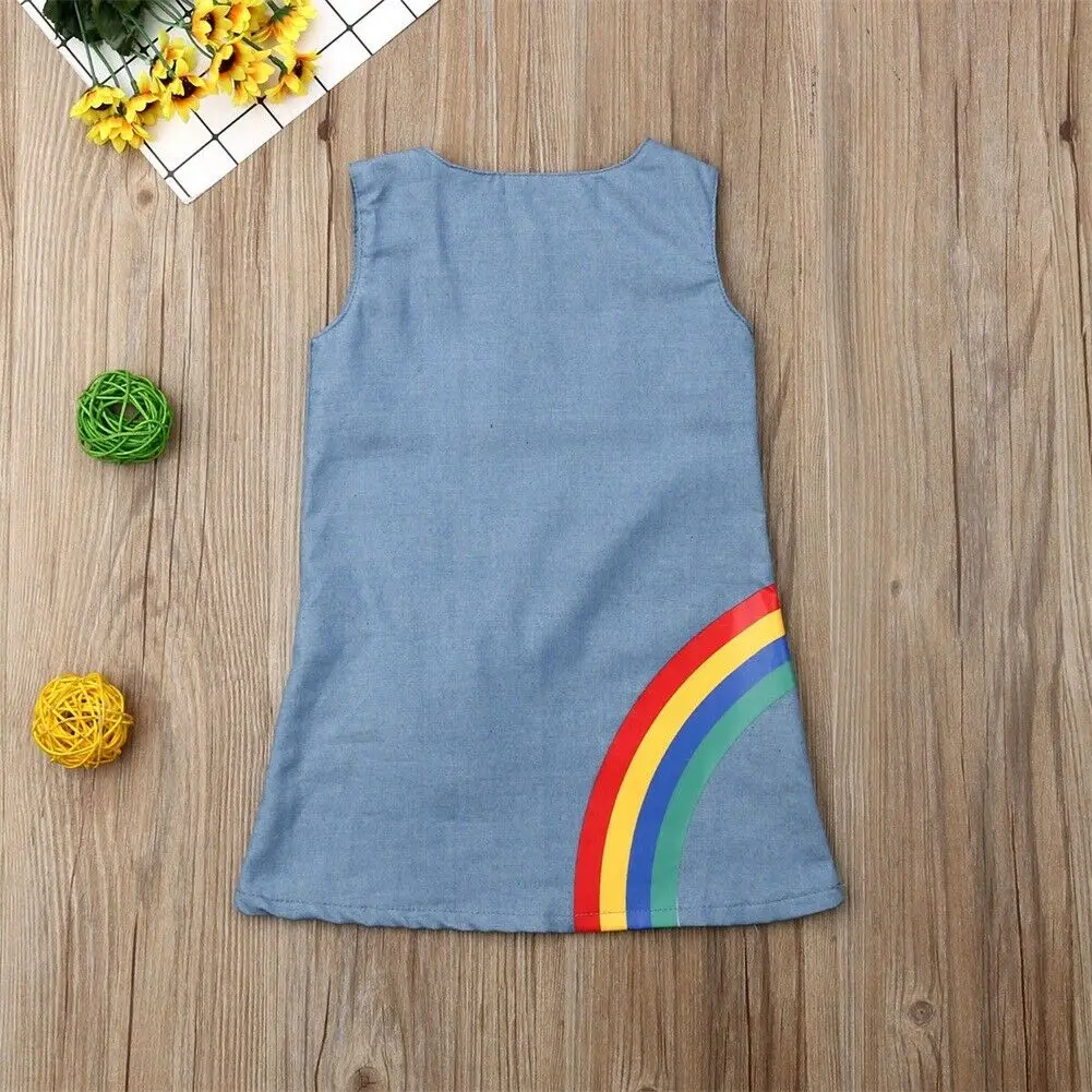 2019 Brand Toddler Infant Kid Baby Girl Dress Denim A-Line Rainbow Print Pocket Sleeveless Party Pageant Sundress Summer Clothes | Детская