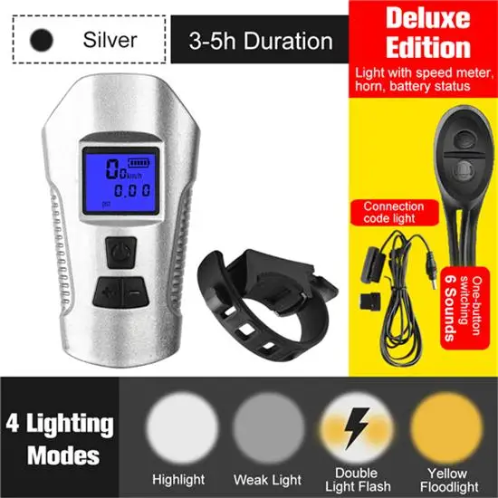 Deluxe Silver Black WEST BIKING Многофункциональный велосипедный светильник USB Перезаряжаемый велосипедный компьютер с электрическим рогом звонок на руле велосипеда велосипедный головной светильник - Цвет: Deluxe Silver Black