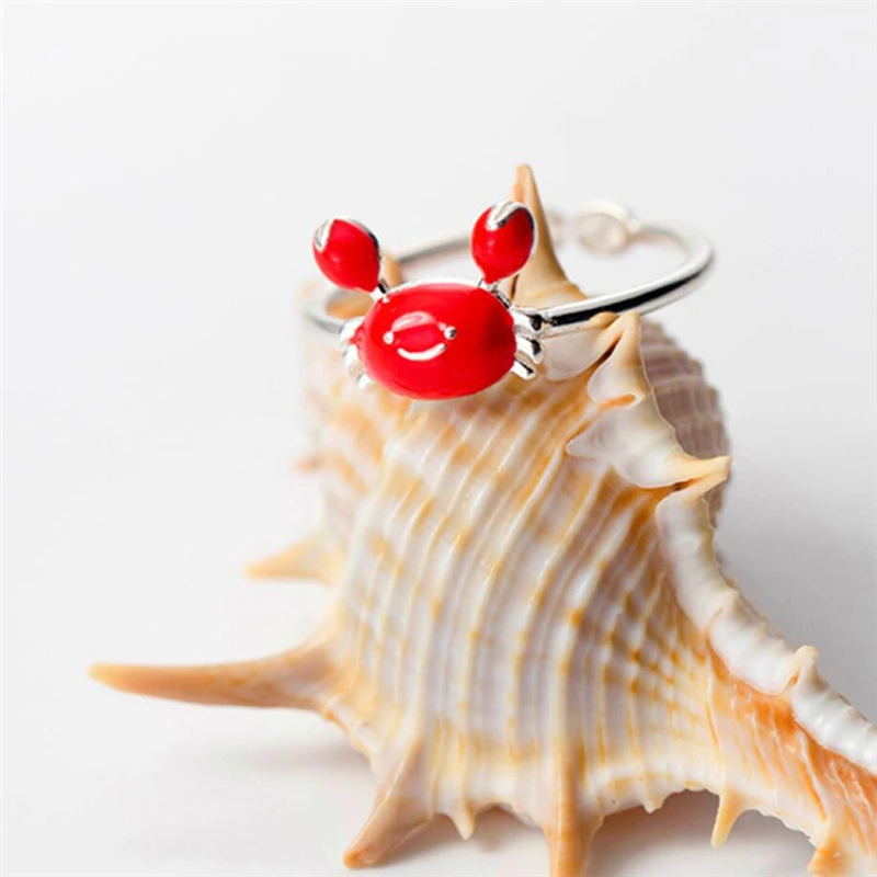 

Sole Memory Fashion Cute Dripping Glaze Red Crab Sweet Cancer Gift Silver Color Female Resizable Opening Rings SRI330