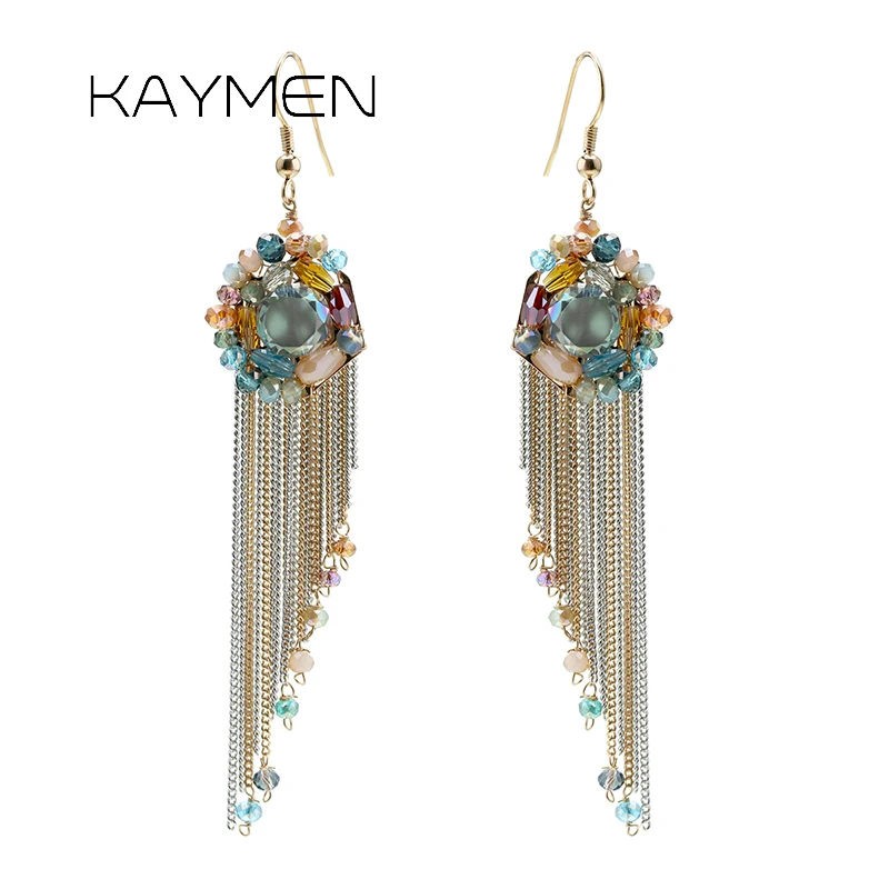 

Kaymen Beautiful Crystal Fashion Dangle Drop Earrings for Girls Colourful Tassels Statement Hook Earrings Party Bijoux 3314
