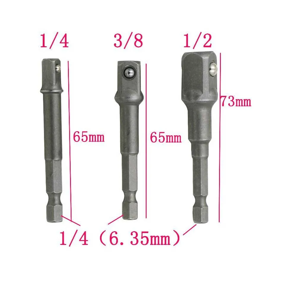 

3 PCS Hexagonal Shank Square Head Socket Extension Bar Connecting rod sleeve Set Hex 1/4",3/8",1/2" Driver Drill Bits