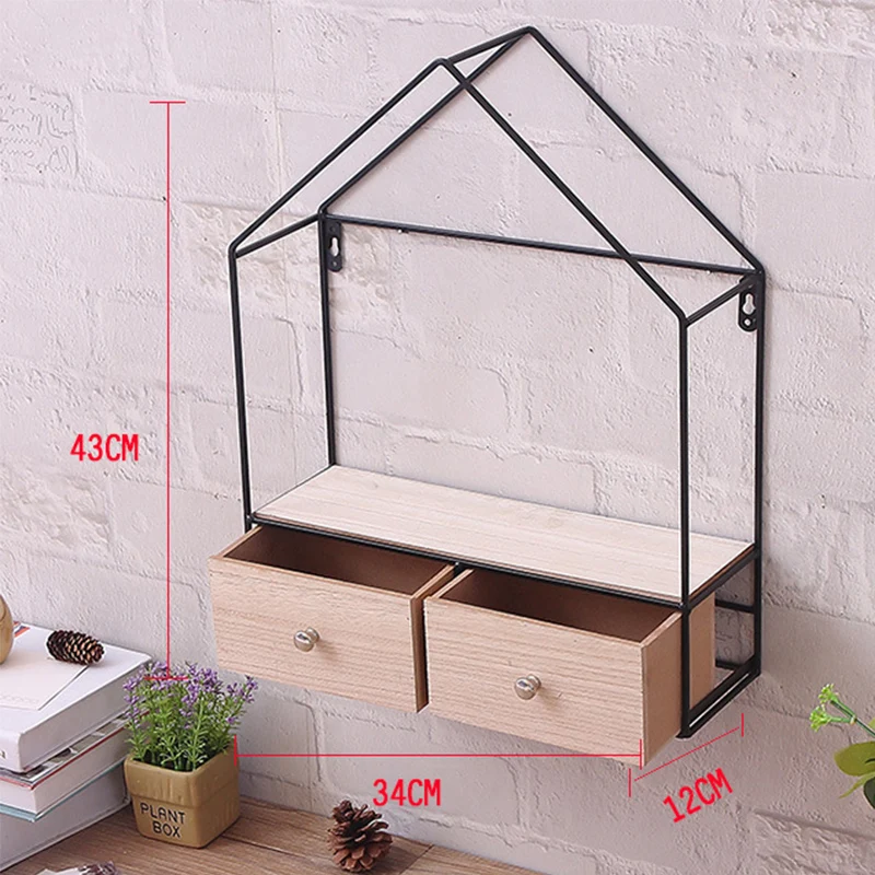 Wooden Iron Wall Shelf Creative Triangular House Double/Single Drawer Hanging Storage Rack Organizer For Bedroom Kitchen | Дом и сад