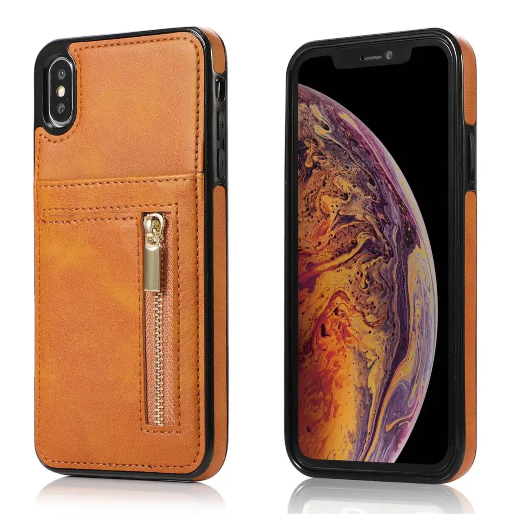 Светло-коричневый Чехол для iPhone X XS Max XR 8 7 6S Plus кожаный бумажник чехол с отделением для кредитных держатель для карт слот бумажник с застежкой-молнией Карманный Кошелек Чехол Крышка - Цвет: Светло-коричневый