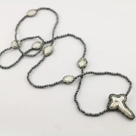 WT NV080Unique жемчужное ожерелье с крестиком из натурального жемчуга кристаллами и