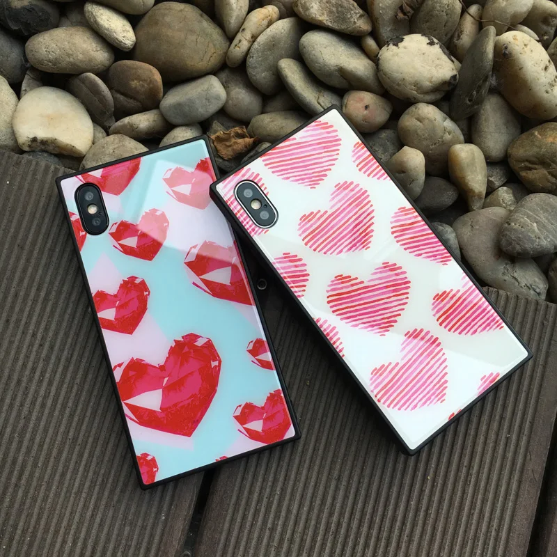 Red Love Heart Tempered Glass Phone Case For iphoneX 8 8plus Square Cover iphone6 6s 7 7plus | Мобильные телефоны и