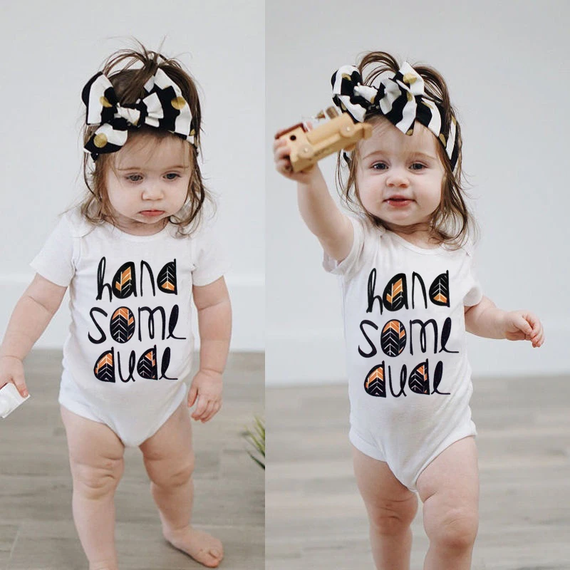 

DERMSPE Newborn Baby Boys Girls Short Sleeve Letter Print Hand Some Dude Cotton Romper Outfits Baby Jumpsuits White Clothes