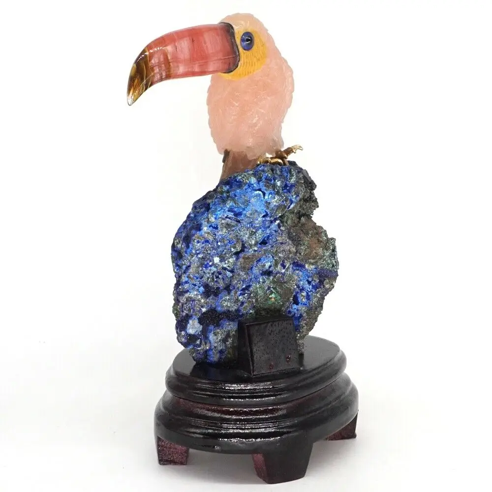 Фигурка Toucan натуральный драгоценный камень розовый кварц Азурит статуя