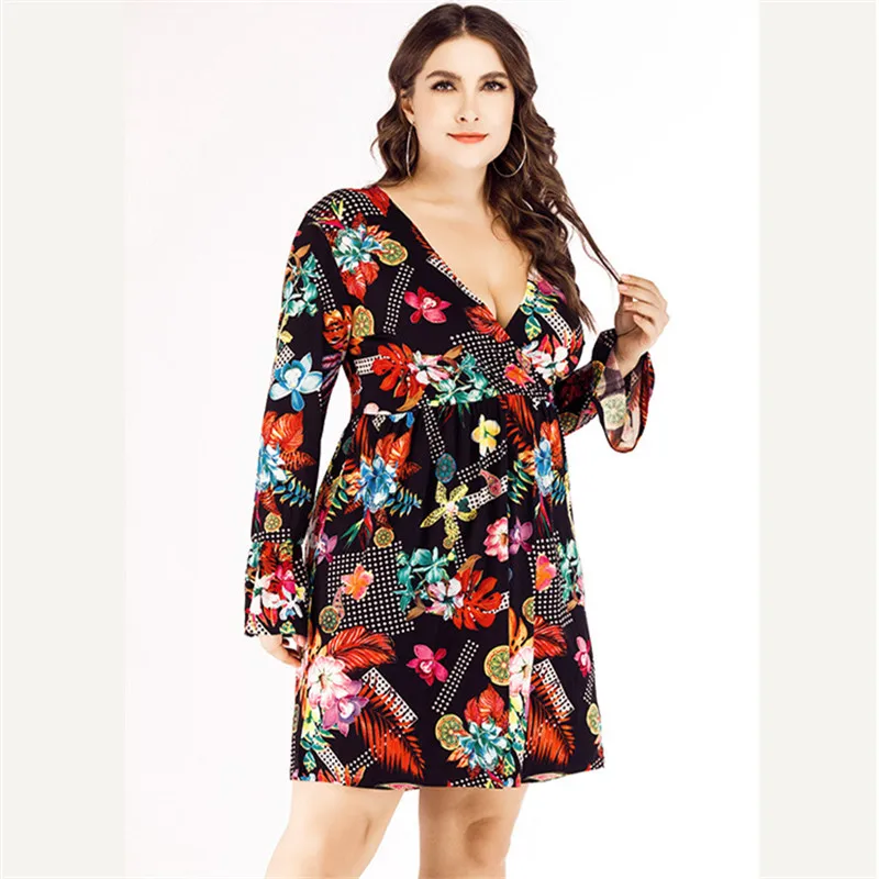 

Plus Size 6XL 2019 Women Summer Casual Elegant Dress Vintage Sexy Party Night Print Midi Black Dresses