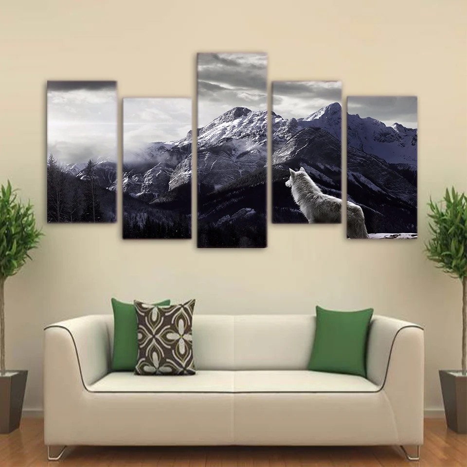 

ArtSailing 5 Pieces Snow Mountain Plateau Wolf Paintings Animal Canvas Wall Art Living Room Home Decor Pictures Posters print