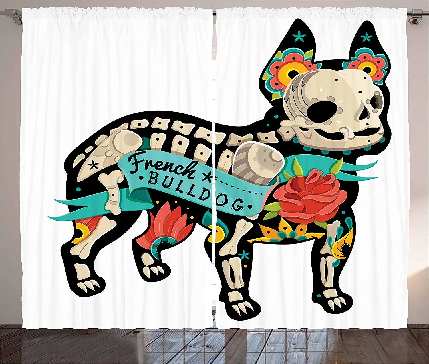 Бульдог кухня шторы Готический дизайн щенок силуэт с скелетом и красочные цветы