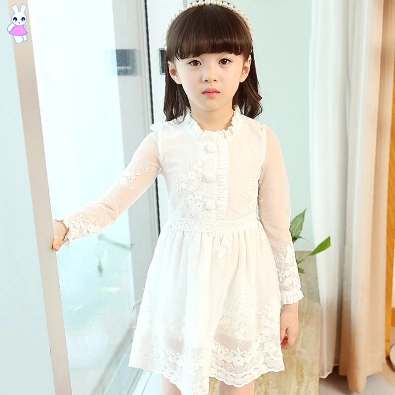 2018 New Spring Girl Net Yarn Long-sleeves Dress Lace Princess Kids Cotton Button Decoration Dresses For Party Girls | Детская одежда и