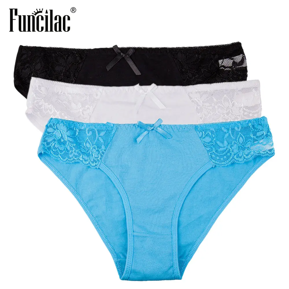 

FUNCILAC Women's Underwear Sexy Transpare Lace Briefs Breathable Seamless Panties Cotton Ladies Bikini Lingerie Porno 3pcs/lot