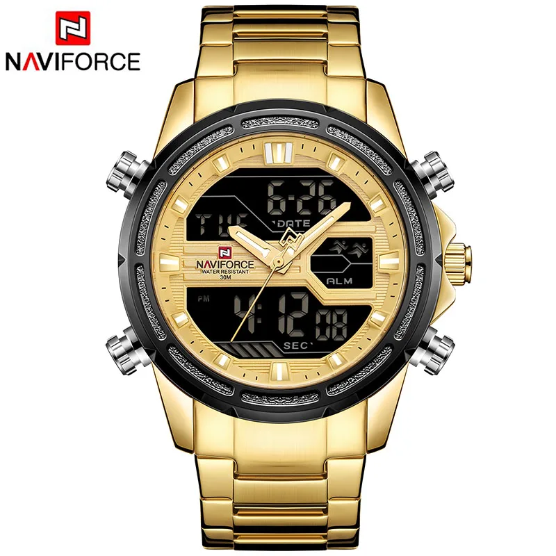 Gold Black NAVIFORCE люксовый бренд мужские спортивные часы мужские кварцевые светодиодный цифровые часы мужские военные наручные часы Relogio Masculino - Цвет: Gold Black