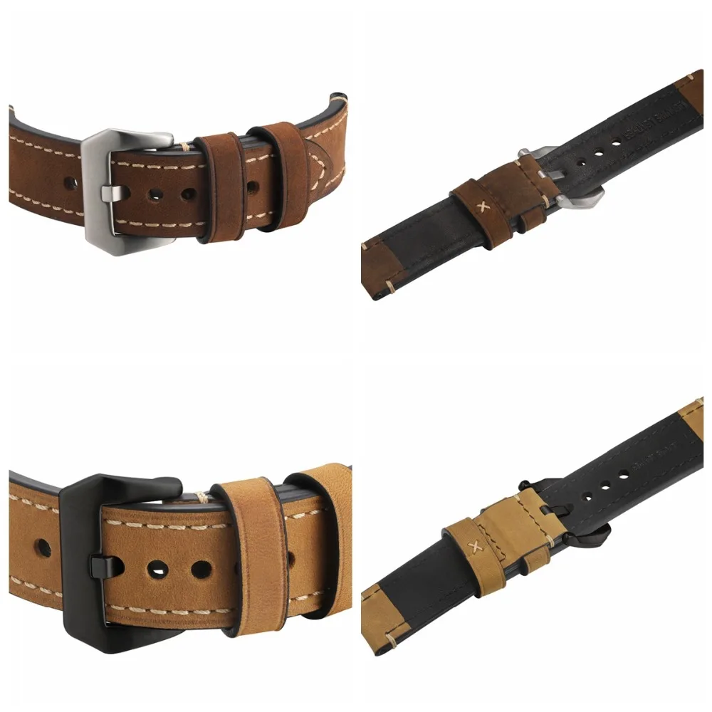 

Hand Made VintageCrazy Horse Genuine Leather Watch band Silver &Black Buckle 20/22/24/26mm Leather Watch Band