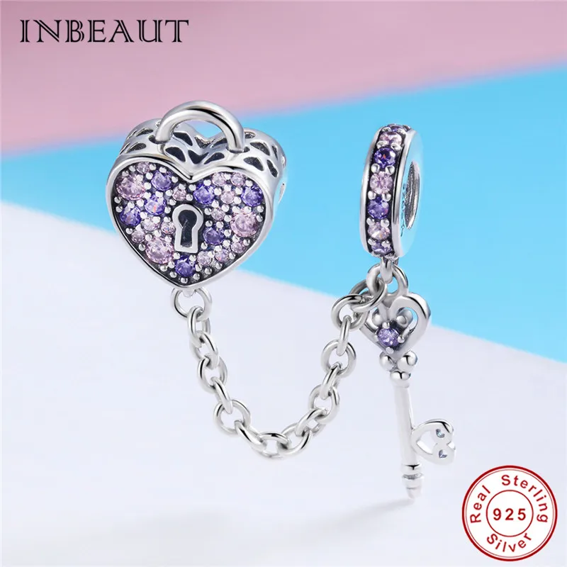 INBEAUT Foerver Love 925 пробы Серебряная цепочка для ключей с сердцем розовый и фиолетовый