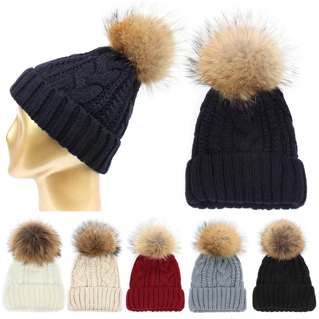 Женская шапка в стиле хип-хоп мяч из натурального меха енота помпоны вязаная