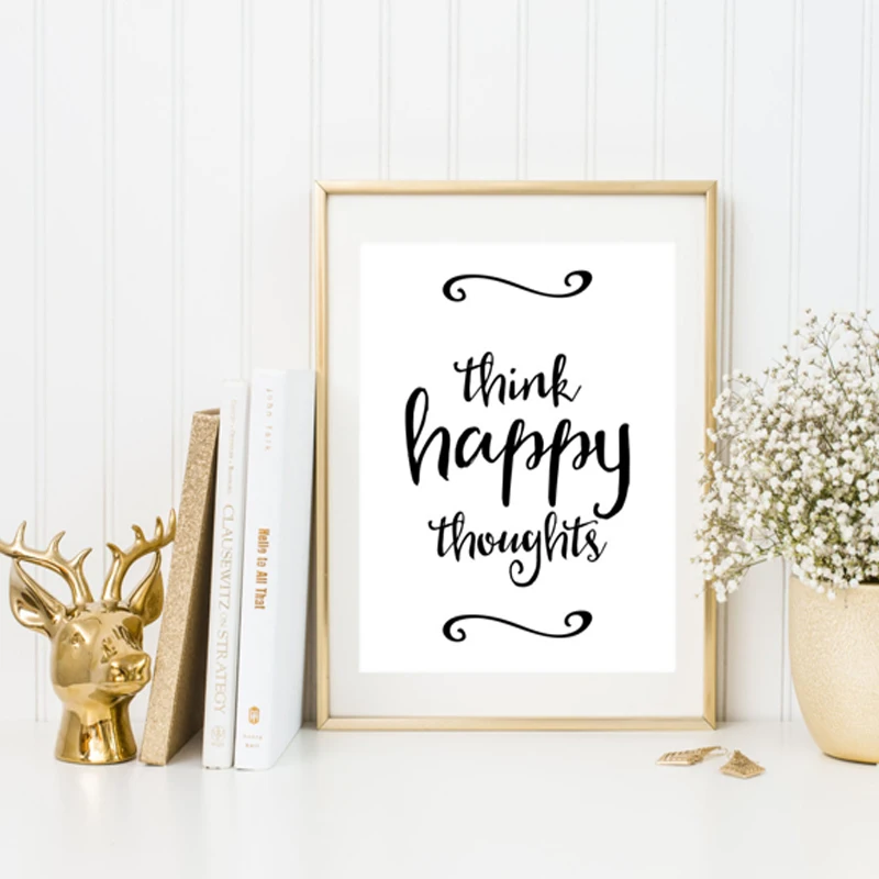 Мотивационный постер LZN Think Happy Thinking Картина на холсте черно-белая цитата